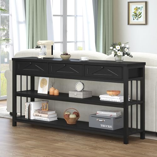 HSH Black Entryway Tabelle mit Schubladen, 55“ Sofa Tisch mit Lagerung für Wohnzimmer, 3 Tier-Konsole Tisch mit Regalen für den Eingang, Holz-Metall-Eingang Flur Tabelle hinter Couch, Eiche schwarz, 5 von HSH