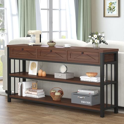 HSH Couchtisch mit Schubladen, Eingangstisch mit Lagerregal, 3-stufiger Konsolentisch mit Lagerung hinter der Couch für das Wohnzimmer, rustikaler Holz-Metall-Eingangsflurtisch für den Eingang von HSH