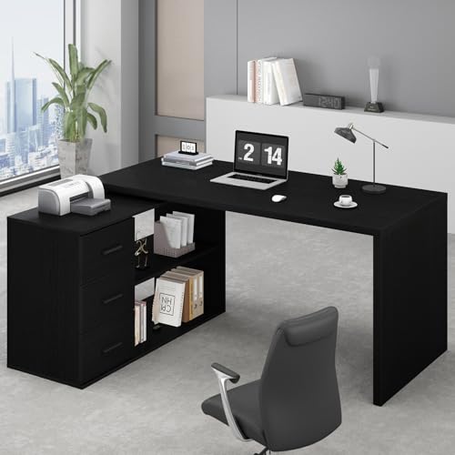 HSH Eckschreibtisch Schreibtisch L Form mit Stauraum Schreibtische mit Schubladen Regalen Großer Wendbarer Bürotisch Computertisch Workstation für Arbeit Studium Schwarz 150 cm von HSH