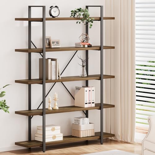 HSH Industrielles Bücherregal aus Holz und Metall, 5 Ebenen Groß, Hoch, Offen, Rustikal, Breit, Etagere, Bücherregal, Vintage-Bauernhaus, Modern, Helles Eichenholz von HSH