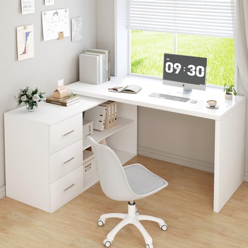 HSH Schreibtisch L Form Modern Eckschreibtisch Computertisch mit 3 Schubladen und 2 Regalen Wendbarer Eckschreibtisch mit Stauraum für Homeoffice Bürotisch Schreibtisch Weiß 140 cm von HSH
