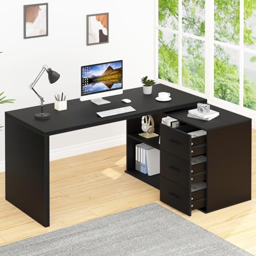 HSH Schreibtisch Schwarz Umkehrbarer Eckschreibtisch mit Stauraum für Homeoffice Modern Schreibtisch L Form mit Regal Computertisch mit 3 Schubladen für Büro Schwarz 140 cm von HSH