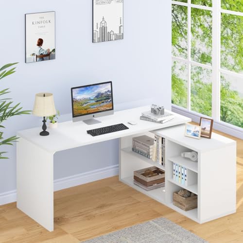 HSH Weißer L-förmiger Schreibtisch mit Ablage, wendbarer moderner Heimbüro-Schreibtisch, Arbeitsplatz, L-förmiger Computertisch mit Aufbewahrungsschrank, Schublade, industrieller Holz-Ecktisch für von HSH
