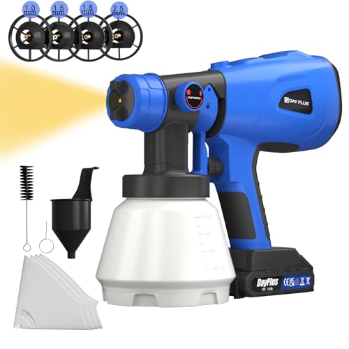 Akku Farbsprühsystem kompatibel mit 21V Akku, Aelektrische Handspritzpistole mit 1000ml Farbbehälter, 4 Sprühdüsen, 3 Mustern, für Wände Möbel Malerei von HSHa