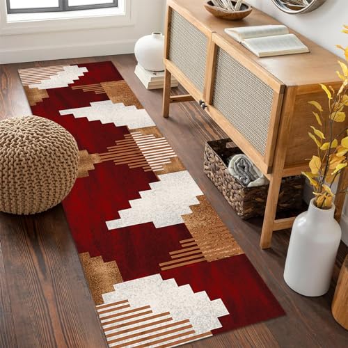 HSIRYAOHD Geometrischer Läuferteppich für Flur, Küche, Flur, Eingangsbereich, rutschfest, waschbar, Teppichläufer, Bodenmatte, Rot / Weiß, individuelle Größen (Größe: 100 x 300 cm) von HSIRYAOHD