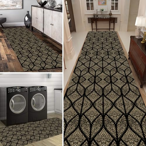 HSIRYAOHD Langer Teppich für Flur, Wohnzimmer, Waschküche, Eingangsbereich, Fußmatte, schwarz, gold, niedriger Flor, waschbar, Küchenmatte, Breite 60 cm, 70 cm, 80 cm erhältlich (70 x 350 cm) von HSIRYAOHD