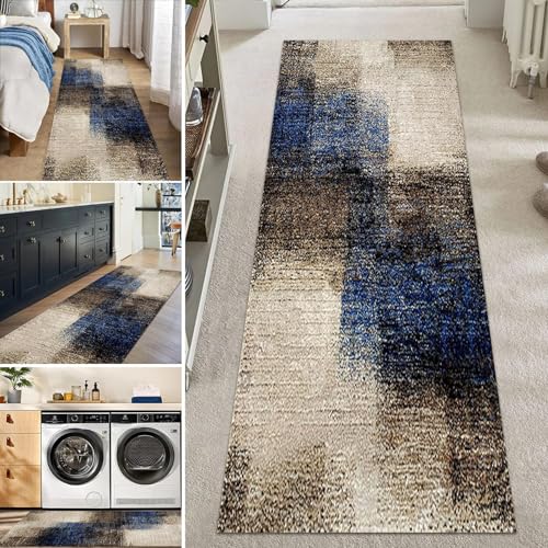 HSIRYAOHD Moderner abstrakter Läufer für Flur, Innenbereich, rutschfest, 100 cm, 2 m, 300 cm, 4 m, 5 m, 6 m, waschbar, für Bett, Küche, Waschküche, Eingangsbereich, Türmatte, Graublau (60 x 450 cm) von HSIRYAOHD