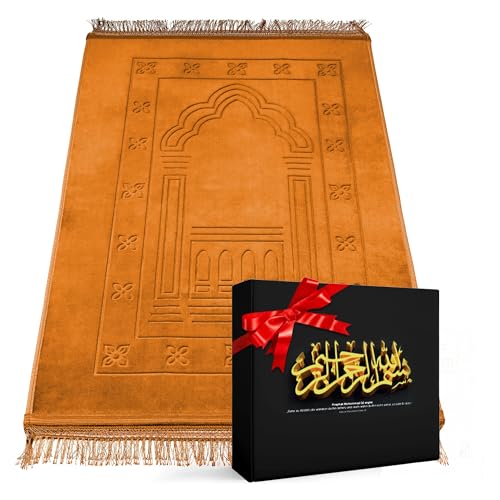 HSK-Online24/7 Premium Gebetsteppich - Seccade in exklusiver Geschenkverpackung - schlicht gestalteter Design – Gebetsteppich Islam für Maximalen Focus beim Gebet (Glanz Gold) von HSK-Online24/7