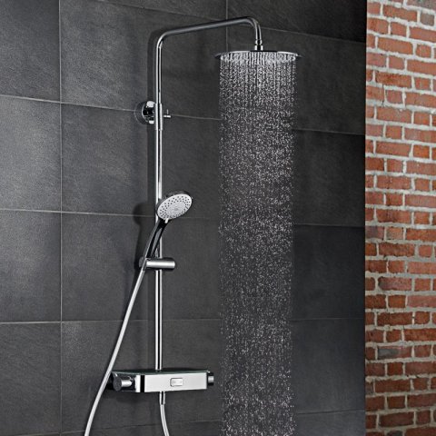 HSK Shower-Set AquaSwitch RS 200 Thermostat, Ablage: Glas schwarz, 1001900-08, Ausführung: mit Kopfbrause rund, flach, Ø400 mm, Höhe 8 mm - 1001900-KB5-08 von HSK