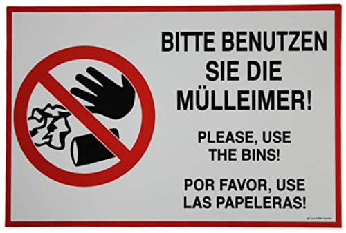 Schild - Bitte benutzen sie die Mülleimer - Please use the bins - por favor, use las papeleras - 309625 - Gr. 29,5 x 19,5 cm von HSK