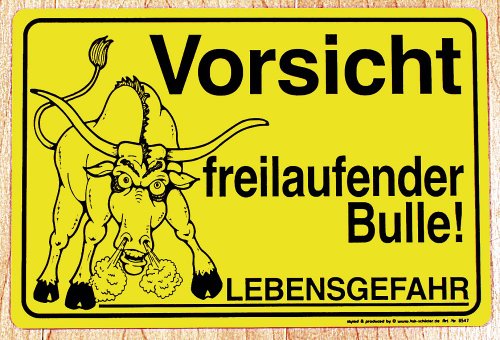 Schild- Vorsicht freilaufender Bulle - Gr. 30 x 20 cm - Tiere Landwirtschaft - 308546 Schild- Vorsicht freilaufender Bulle - Gr. 30 x 20 cm - Tiere Landwirtschaft - 308546 von Mcties