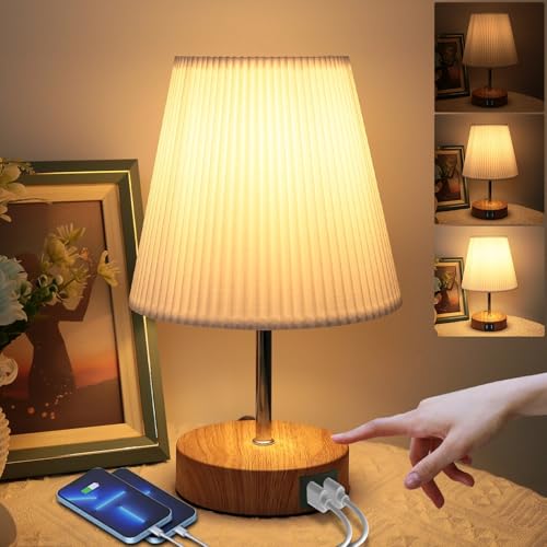 HSLighting Nachttischlampe Touch Dimmbar: Tischlampe mit Ladefunktion 2 USB Anschlüssen Steckdosen LED Birnen Lampenschirm aus Stoff Kleine Schreibtischlampe für Schlafzimmer Wohnzimmer Babyzimmer von HSLighting