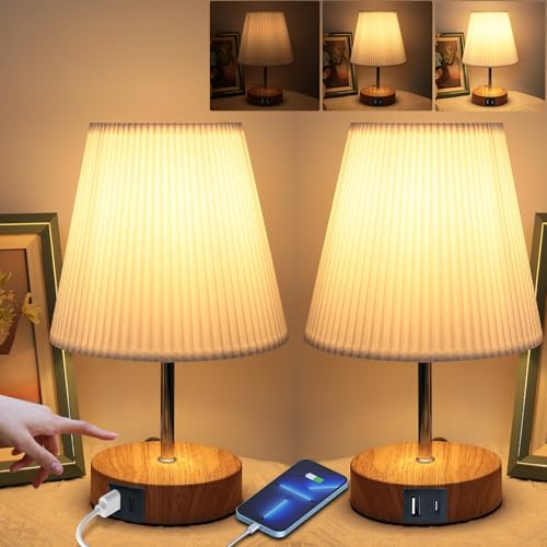 HSLighting Nachttischlampe Touch Dimmbar: Tischlampe mit Ladefunktion USB A+C Anschlüssen Steckdosen LED Birnen Lampenschirm aus Stoff Kleine Schreibtischlampe für Schlafzimmer Wohnzimmer 2 Stuck von HSLighting