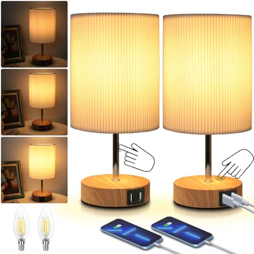 HSLighting Nachttischlampe 2er Set: LED Tischlampe mit 2 USB Schnellladeanschlüssen & Touch dimmbare Glühbirne 3 Helligkeitsstufen Einstellbar Schreibtischlampe minimalistische für Lesen Wohnzimme von HSLighting