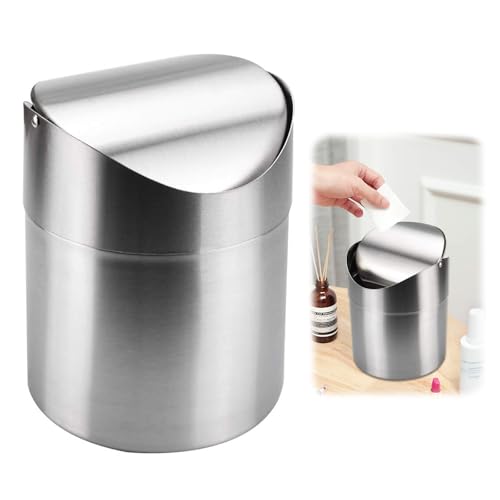 Papierkorb Desktop Mini Mülleimer, Edelstahl Tischabfalleimer, Abfallbehälter, Silber Schwingdeckeleimer, Tischmülleimer mit Deckel, Klein Kosmetikeimer für Zuhause Büro Waschtisch(12 x 16,5CM) von HSMHLYYB