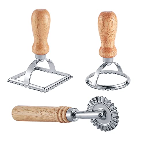 Ravioli Maker Stamper Cutter mit Roller Wheel Set, Pasta Maker Form mit Holzgriff und geriffeltem Rand, Ravioli Cutter und Pressstempel - für Pasta, Knödel Lasagna, Pierogi (3 Set mit Cutter) von HSP-HSWITI