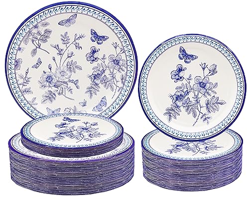 HSPAIDYP 50 Stück blaue und weiße Blumen-Partyzubehör, blaue und weiße Pappteller-Set, 22,9 cm, florale Teller, 17,8 cm, blau-weiße Blumenteller für Brautparty, Hochzeit, Teeparty, von HSPAIDYP