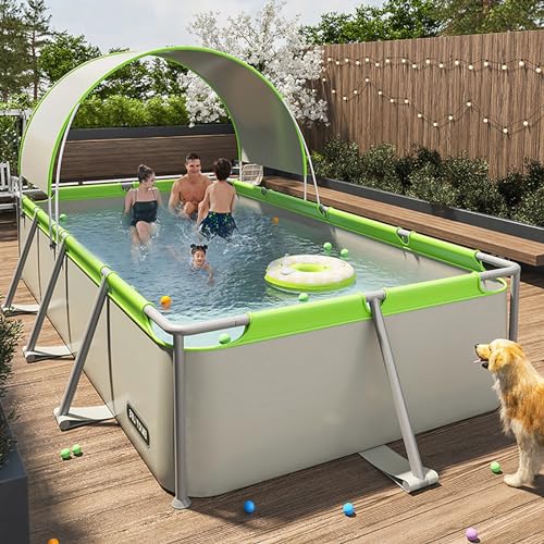 Metallrahmen Schwimmbad Sommer Rechteckig Oberirdische Pools Faltpool mit Schuppendach Outdoor Lounge Pool for Erwachsene Kinder (Nicht aufblasbare Installation)(Size:1.9m) von HSPLXYT