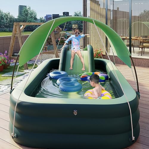 Sommer-Pool, aufblasbarer Pool for Kinder und Erwachsene mit Rutsche und Sonnenschirm, aufblasbare Kinderpools in voller Größe, oberirdische Pools, große Größe for die Zeit mit der Familie(Color:Green von HSPLXYT