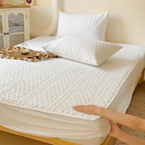 Elastischer Matratzenschoner Matratzenauflage Gesteppter Matratzenbezug Atmungsaktive Dicke Bettwäsche Mit Tiefen Taschen Rutschfestes Waschbares Spannbettlaken-White||California king 79x87in von HSTANGKY
