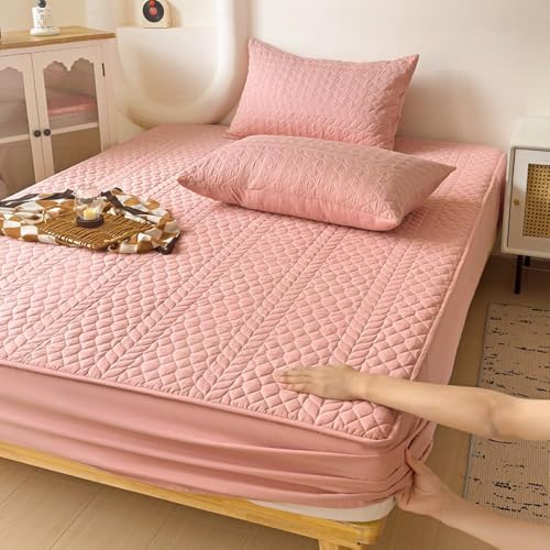 Atmungsaktiver Gesteppter Matratzenschoner Spannbettbezug Mit Tiefen Taschen rutschfeste Dicke wasserdichte Matratzenauflage Waschbares Staubdichtes Bettzubehör-Pink||Single:35x79in von HSTANGKY