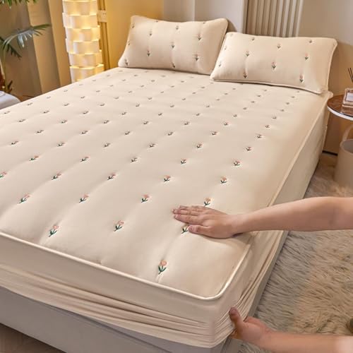 HSTANGKY Gesteppter Matratzenschoner Besticktes Baumwoll-Spannbettlaken Rutschfester Staubdichter Matratzenbezug Weiche Leichte Atmungsaktive Matratzenauflage-Beige||Single 35x79inch von HSTANGKY