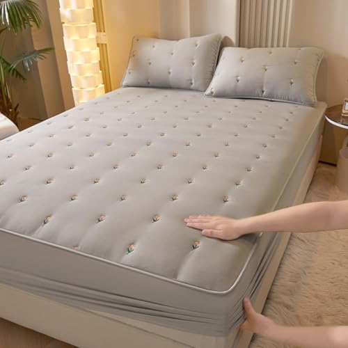 Gesteppter Matratzenschoner Besticktes Baumwoll-Spannbettlaken Rutschfester Staubdichter Matratzenbezug Weiche Leichte Atmungsaktive Matratzenauflage-Gray||King 71x79inch von HSTANGKY