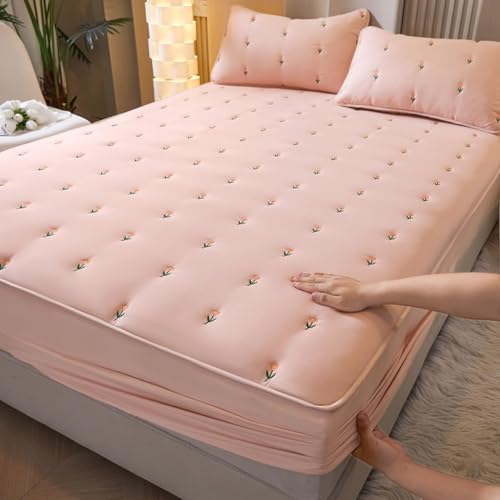 Gesteppter Matratzenschoner Besticktes Baumwoll-Spannbettlaken Rutschfester Staubdichter Matratzenbezug Weiche Leichte Atmungsaktive Matratzenauflage-Pink||Single 35x79inch von HSTANGKY