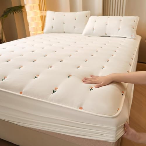 HSTANGKY Gesteppter Matratzenschoner Besticktes Baumwoll-Spannbettlaken Rutschfester Staubdichter Matratzenbezug Weiche Leichte Atmungsaktive Matratzenauflage-White||Single 35x79inch von HSTANGKY