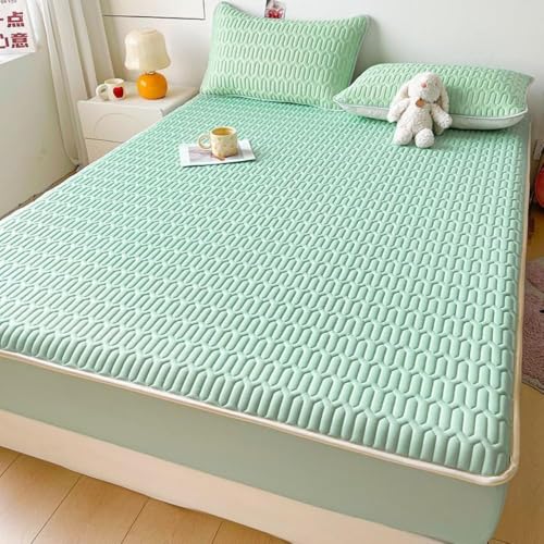 HSTANGKY Wasserdichter Matratzenschoner Hautfreundlicher Leicht Anzubringender Weicher Matratzenschoner Mit Elastischen Bändern Einfarbiger Waschbarer Bettbezug-Green||Double 47x79inch von HSTANGKY