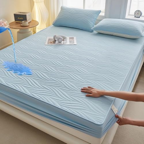 HSTANGKY Wasserdichter Matratzenschoner Mit Elastischen Bändern Atmungsaktiver Leiser Matratzenbezug Matratzenauflage Mit Weidenblatt-Textur Weiches Spannbettlaken-Blue||Double 47x79inch von HSTANGKY