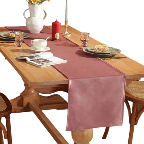 HSTWODE 1 Stück Samt Tischläufer, Tischläufer Modern, Abwaschbar Tischläufer, für Esszimmer Party Urlaub Draußen Drinnen Dekoration (33 x 140cm,Dunkelrosa) von HSTWODE