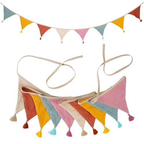 HSTWODE 1 Stück Wimpelkette,Wimpelkette Kinderzimmer, Stoff Wimpelkette mit Quasten, Doppelseitig Stoff Wimpelkette， Mehrfarbig Dreieck Flaggen, 2.6m Musselinstoff Girlande für Kinderzimmer (007#) von HSTWODE
