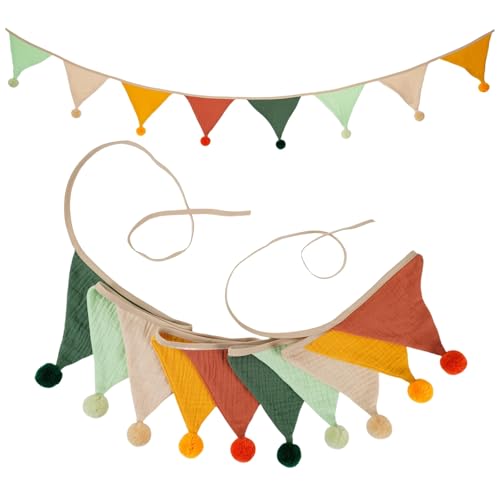HSTWODE 1 Stück Wimpelkette,Wimpelkette Kinderzimmer, Stoff Wimpelkette mit Quasten, Doppelseitig Stoff Wimpelkette,2.6m Musselinstoff Girlande,Mehrfarbig Dreieck Flaggen für Kinderzimmer (005#) von HSTWODE