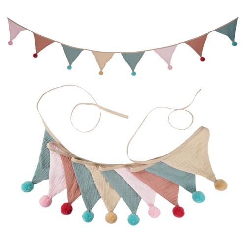 HSTWODE 1 Stück Wimpelkette,Wimpelkette Kinderzimmer, Stoff Wimpelkette mit Quasten, Doppelseitig Stoff Wimpelkette,2.6m Musselinstoff Girlande,Mehrfarbig Dreieck Flaggen für Kinderzimmer (007#) von HSTWODE