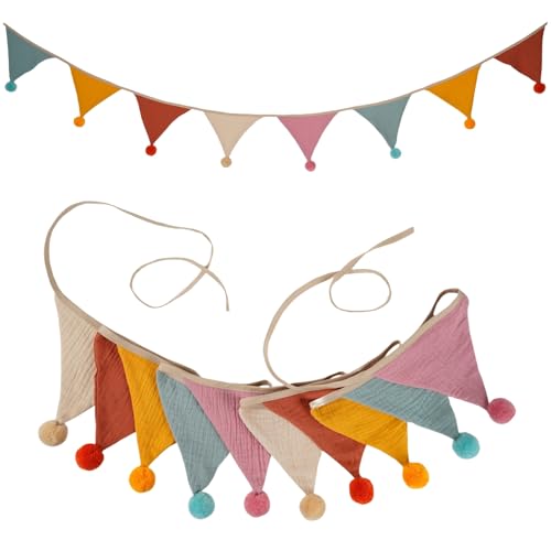 HSTWODE 1 Stück Wimpelkette,Wimpelkette Kinderzimmer, Stoff Wimpelkette mit Quasten, Doppelseitig Stoff Wimpelkette,2.6m Musselinstoff Girlande,Mehrfarbig Dreieck Flaggen für Kinderzimmer (009#) von HSTWODE