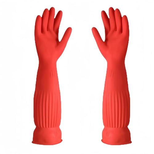 HSTWODE 2 Paar Wasserdichte Gummi-Latex-Geschirrspülhandschuhe, lange Stulpe, beflocktes Innenfutter, Haushaltsreinigungshandschuhe (2 Paare Länge 45 cm, XL) von HSTWODE