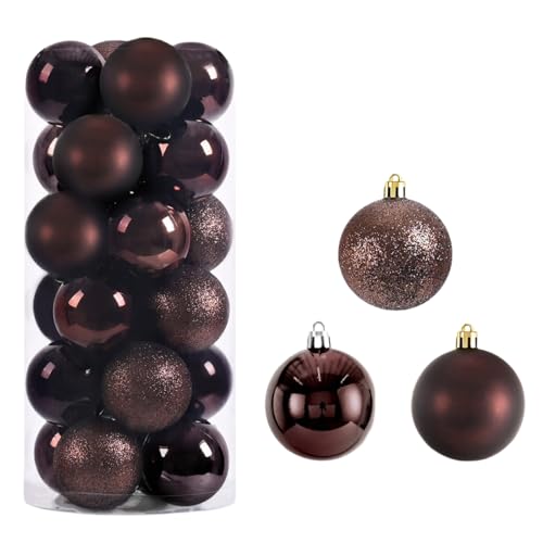 HSTWODE 6cm Weihnachtskugeln,24pcs Christbaumkugeln aus Plastik,Weihnachtskugeln Baumschmuck,Splitterfrei, 3stile,Weihnachtsbaum Deko (Braun) von HSTWODE
