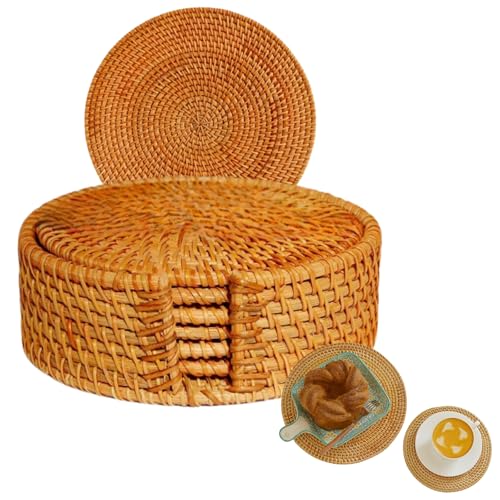 HSTWODE 6er Set Rattan-Untersetzer, Rund Durchmesser 10-20cm Tischuntersetzer Herbst-Rattan-Flechten für Getränke, Tassen, Bar - Dekorative - Glas untersetzer Set (13cm Satz) von HSTWODE