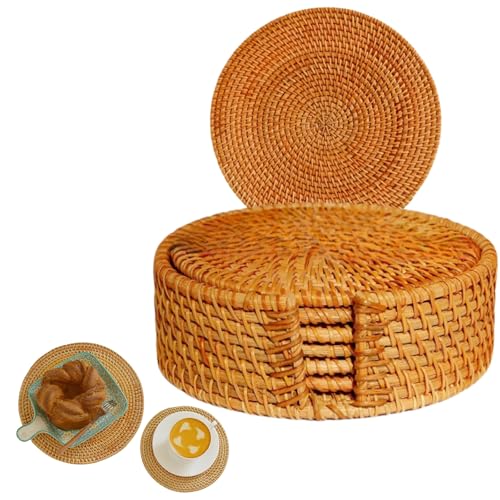HSTWODE 6er Set Rattan-Untersetzer, Rund Durchmesser 10-20cm Tischuntersetzer Herbst-Rattan-Flechten für Getränke, Tassen, Bar - Dekorative - Glas untersetzer Set (16cm Satz) von HSTWODE