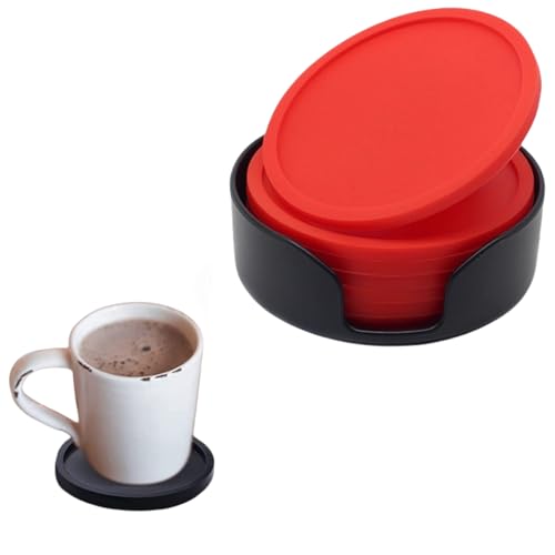 HSTWODE 6er Set Untersetzer Gläser, Silikon Glasuntersetzer rutschfest und Isoliert Glas Untersetzer-Set, Rund Glasuntersetzer mit Halter, für alle Arten von Tassen (Rot) von HSTWODE