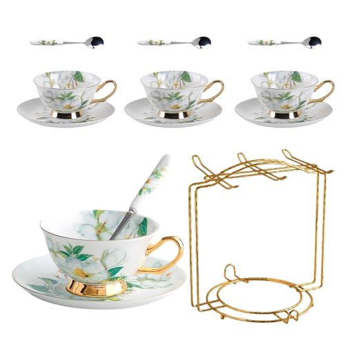 HSTWODE-8 Stück Europäischen Blumen Tee Set,Bone China Tee Set Service Kaffee Set, 9 Optionen.Mit Geschenkbox, für hochwertige Geschenke und Haushalt, Hochzeit. (Kamelie Muster) von HSTWODE