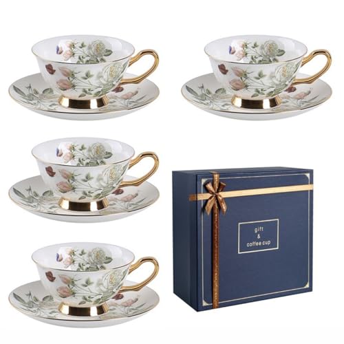 HSTWODE-8 Stück Europäischen Blumen Tee Set,Bone China Tee Set Service Kaffee Set, 9 Optionen.Mit Geschenkbox, für hochwertige Geschenke und Haushalt, Hochzeit. (Weiße Rose Muster) von HSTWODE