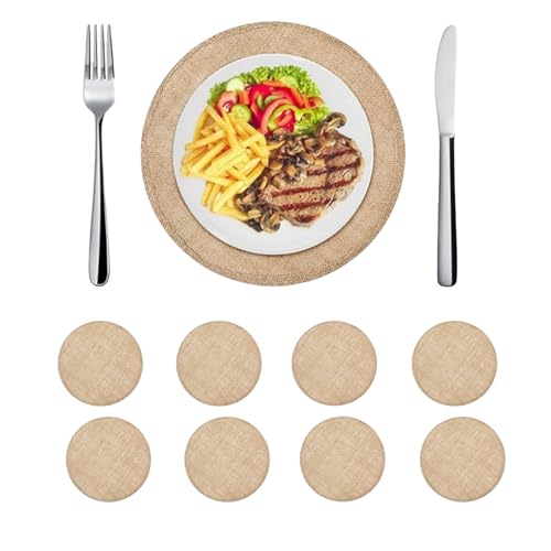 HSTWODE Runde Platzdeckchen Jute-Tischsets 32cm Pflegeleicht Abwaschbar Geflochtene Platzsets für Küche Speisetisch, Party Dekor (8) von HSTWODE