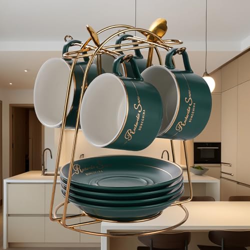 HSTWODE-Tassen & Untertassen von 4 (150 ml), Luxus-Teetasse Set mit goldenen Trimm, Kaffeetasse mit Henkel, britischer Königlicher Porzellan Tassen - Weiß, Blau, schwarz (Mattblau) von HSTWODE