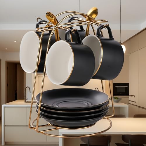 HSTWODE-Tassen & Untertassen von 4 (150 ml), Luxus-Teetasse Set mit goldenen Trimm, Kaffeetasse mit Henkel, britischer Königlicher Porzellan Tassen - Weiß, Blau, schwarz (Mattes Schwarz) von HSTWODE