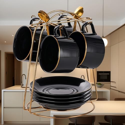 HSTWODE-Tassen & Untertassen von 4 (150 ml), Luxus-Teetasse Set mit goldenen Trimm, Kaffeetasse mit Henkel, britischer Königlicher Porzellan Tassen - Weiß, Blau, schwarz (Schwarz glänzend) von HSTWODE
