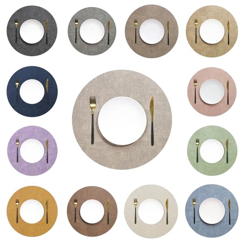 HSTWODE Tischsets Abwaschbar Leder und Untersetzer, Doppelseitigen Platzset Rund Ø 33cm 4er Set rutschfest Glasuntersetzer Platzdeckchen Leder Kunstleder Tischset (Beige) von HSTWODE