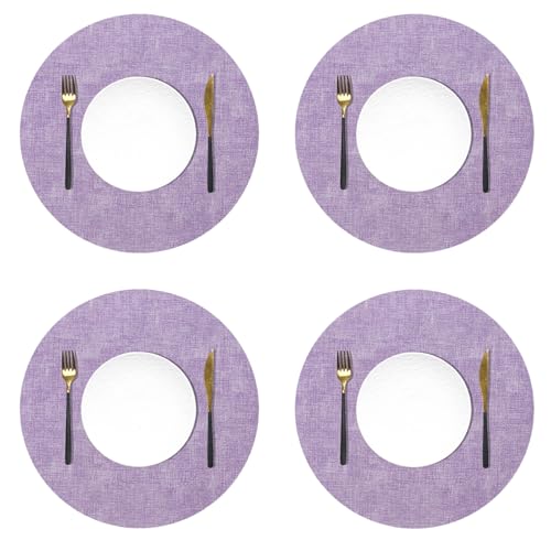 HSTWODE Tischsets Abwaschbar Leder und Untersetzer, Doppelseitigen Platzset Rund Ø 33cm 4er Set rutschfest Glasuntersetzer Platzdeckchen Leder Kunstleder Tischset (Lila) von HSTWODE