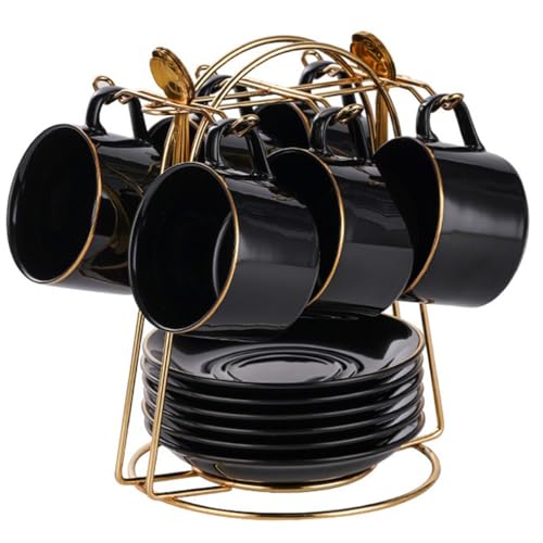 HSTWODE-cappuccino tassen set Tassen & Untertassen von 6 (150 ml), Luxus-Teetasse Set mit goldenen Trimm, Kaffeetasse mit Henkel, britischer Königlicher Porzellan Tassen (Schwarz glänzend) von HSTWODE